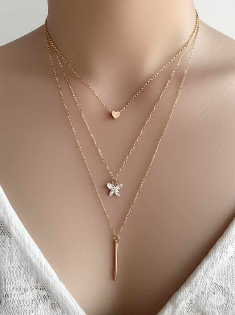 3 Layered Diamond Butterfly - Necklace