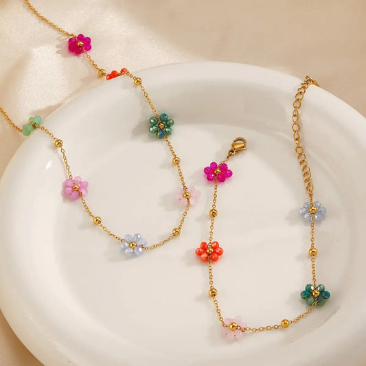 Flower Beaded Necklace Bracelet - Jewelry Set