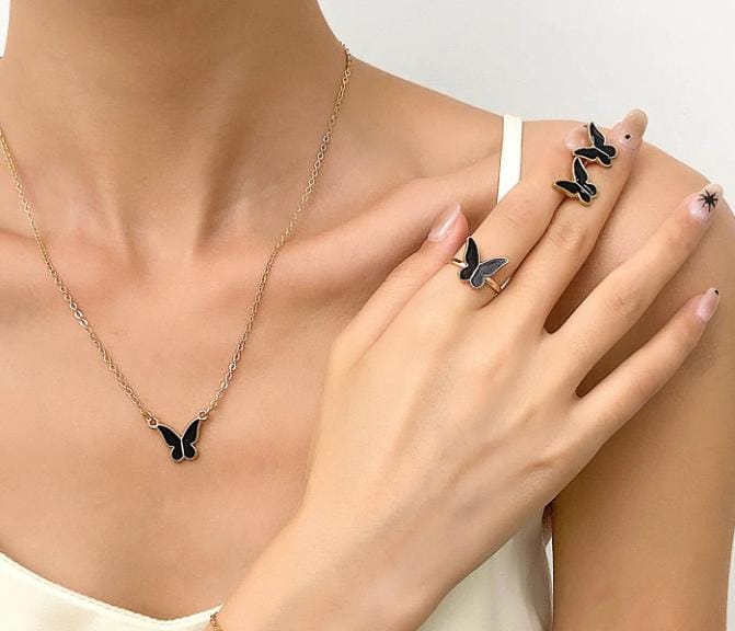 Beautiful Black Butterfly Gold - Jewelry Set, Elegant Affordable Jewelry by The Leather Jewel