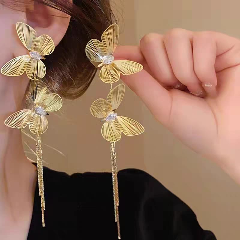 Crystal Butterfly Long Tassel - Earrings, Elegant Affordable Jewelry by The Leather Jewel
