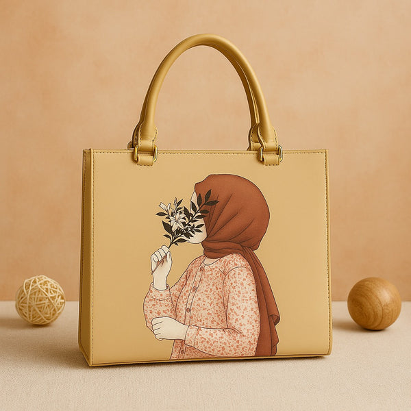 Hijab Girl Beige Canvas Tote Bag, Trendy Ladies Handbag by The Leather Jewel