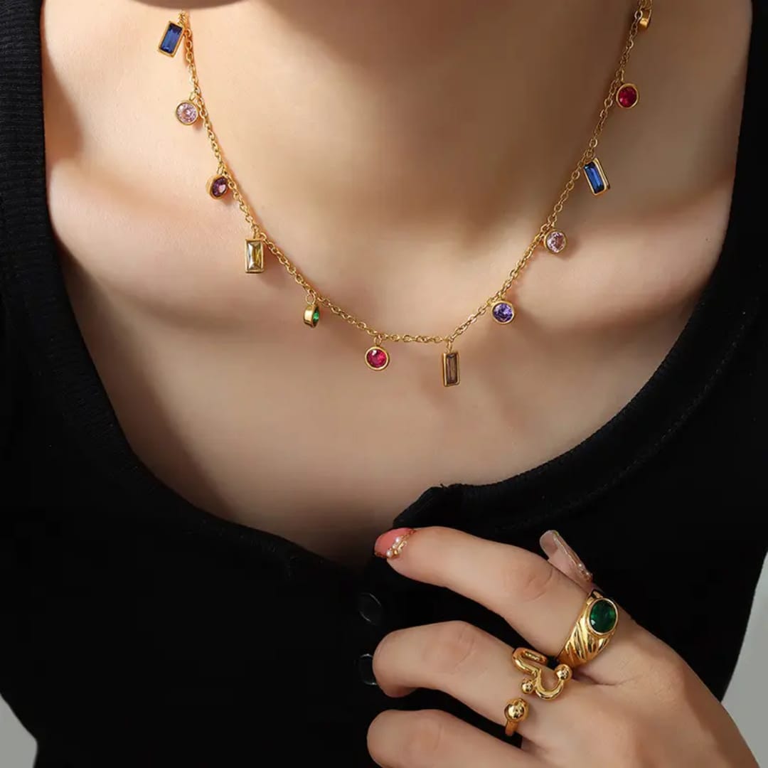 Multi-Color Gemstone Charm - Jewelry Set, Tarnish-Free Jewelry by The Leather Jewel, Pakistan