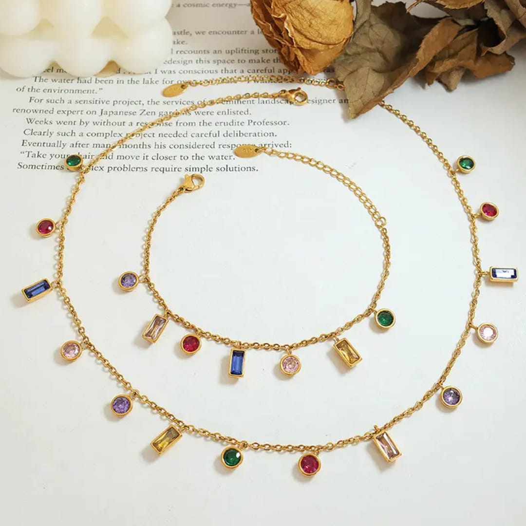 Multi-Color Gemstone Charm - Jewelry Set, Tarnish-Free Jewelry by The Leather Jewel, Pakistan