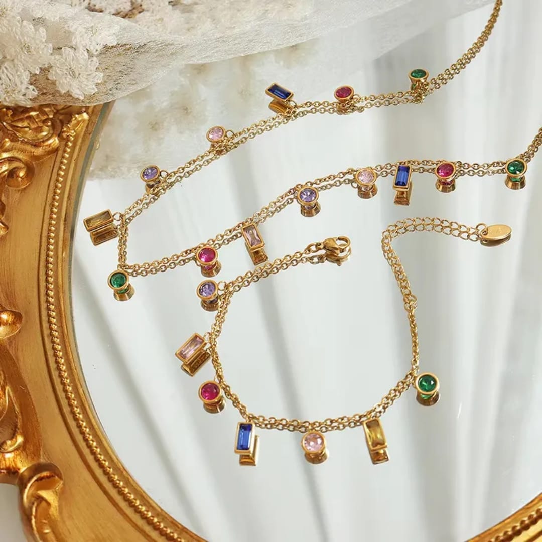 Multi-Color Gemstone Charm - Jewelry Set, Tarnish-Free Jewelry by The Leather Jewel, Pakistan