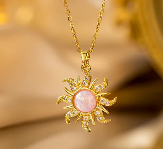 Gold Sun Pink Stone Twist Chain - Necklace
