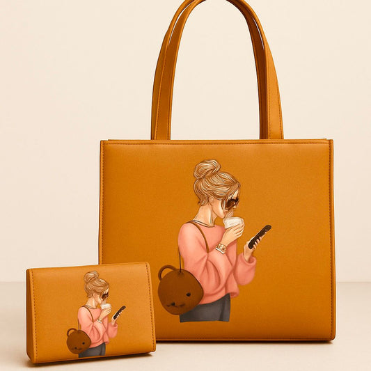 2 pcs Canvas Tote Bag Brown ,Stylish Ladies Handbag by The Leather Jewel, Pakistan