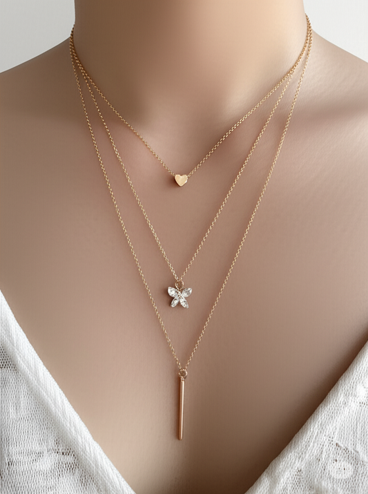 3 Layered Diamond Butterfly - Necklace
