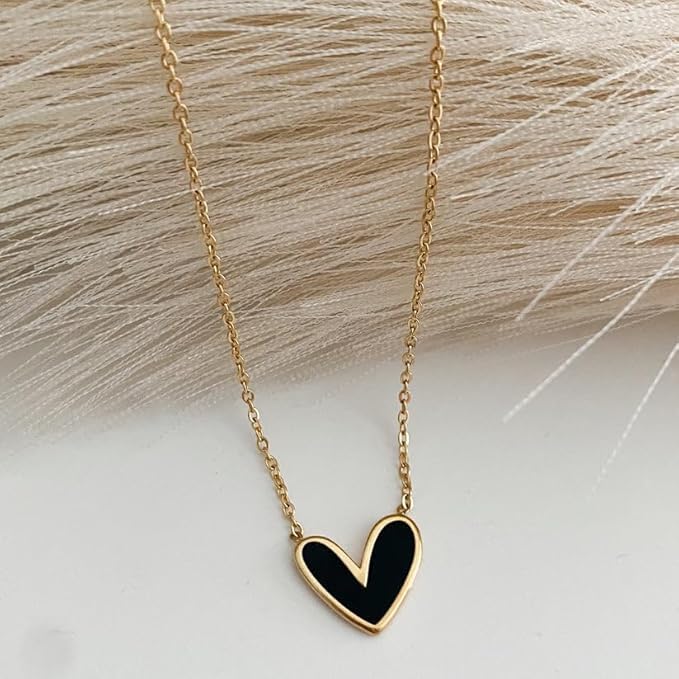 Gold Black Charm Heart Pendant - Necklace