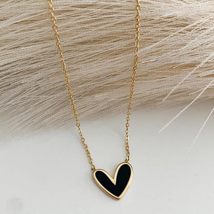 Gold Black Charm Heart Pendant - Necklace