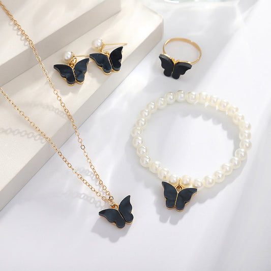 Black Butterfly Pearl Gold - Jewelry Set