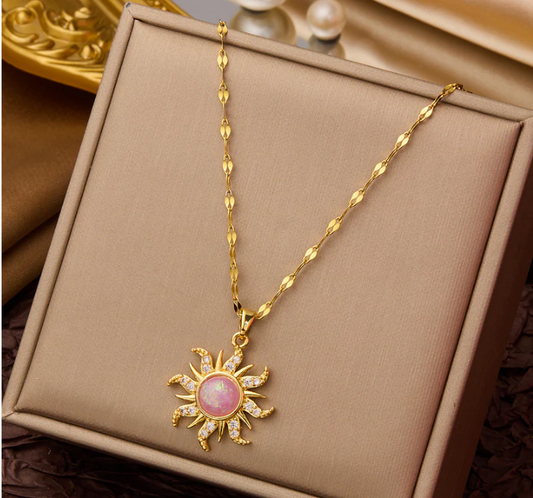 Gold Sun Pink Stone Twist Chain - Necklace