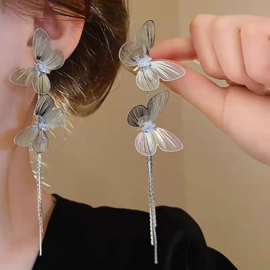 Crystal Butterfly Long Tassel - Earrings