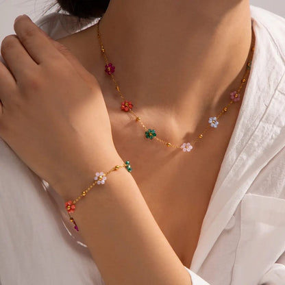 Flower Beaded Necklace Bracelet - Jewelry Set