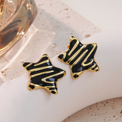 Black And Golden Star Stud - Earrings