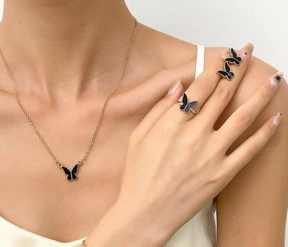 Beautiful Black Butterfly Gold - Jewelry Set, Elegant Affordable Jewelry by The Leather Jewel