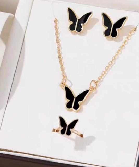 Beautiful Black Butterfly Gold - Jewelry Set, Elegant Affordable Jewelry by The Leather Jewel