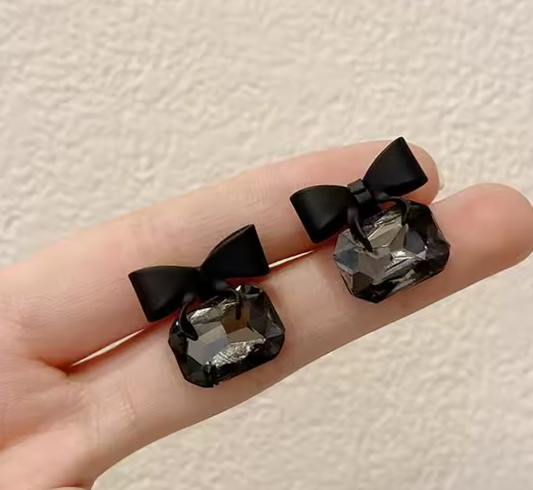 Black Crystal Bowknot Stud - Earrings