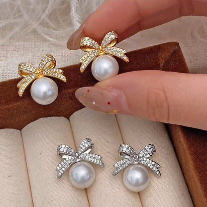 Bow-knot Pearl - Earrings