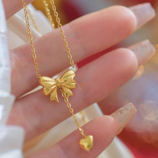 Color Bowknot Heart Drop - Necklace, Trendy Tarnish-Free Jewelry by The Leather Jewel