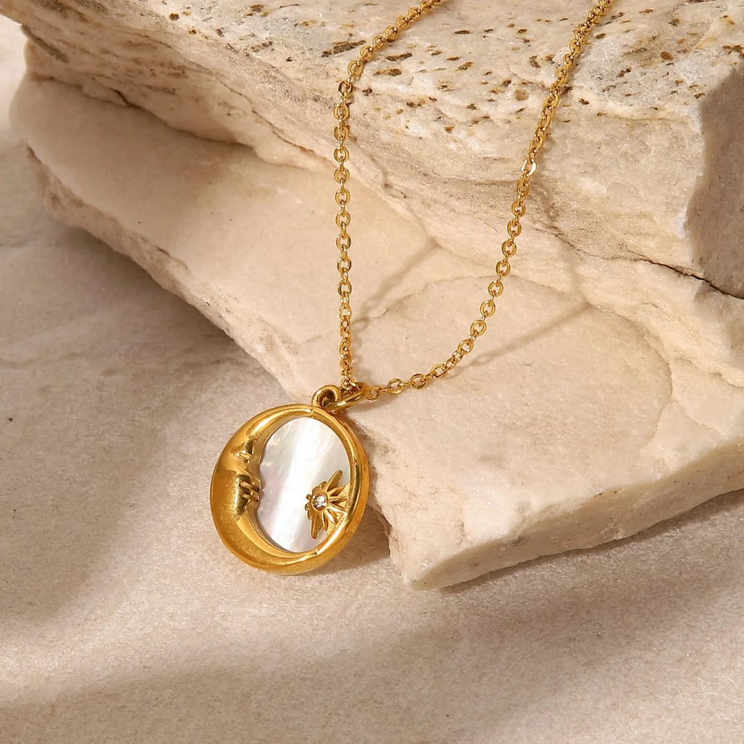 Crescent Moon & Sunburst - Necklace. Tarnish-Free Jewelry by The Leather Jewel, Pakistan