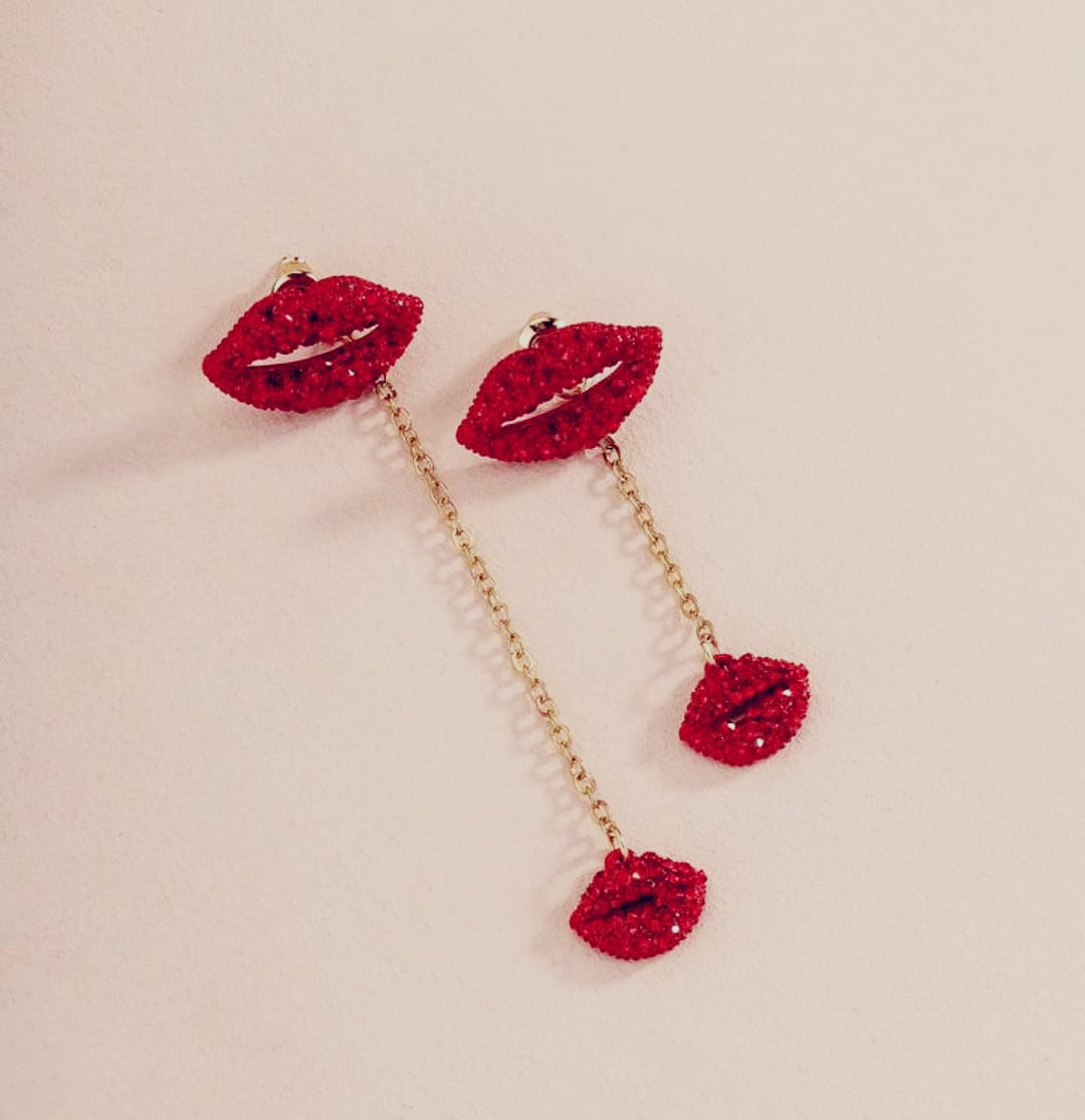Diamond-Studded Lips Design Earrings, Elegant Affordable Jewelry by The Leather Jewel
