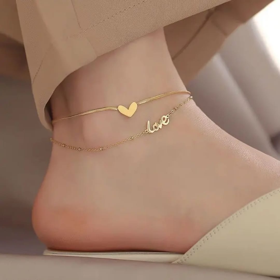 Double Layer Love Heart - Anklet, Trendy Tarnish-Free Jewelry by The Leather Jewel, Pakistan