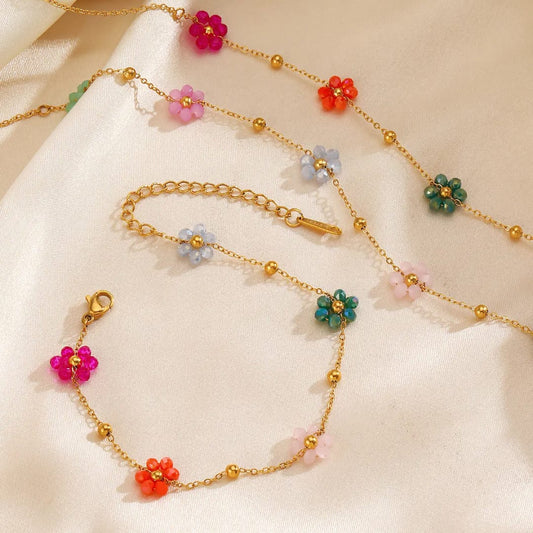 Flower Beaded Necklace Bracelet - Jewelry Set , Tarnish-Free Wedding Jewelry by The Leather Jewel, Pakistan