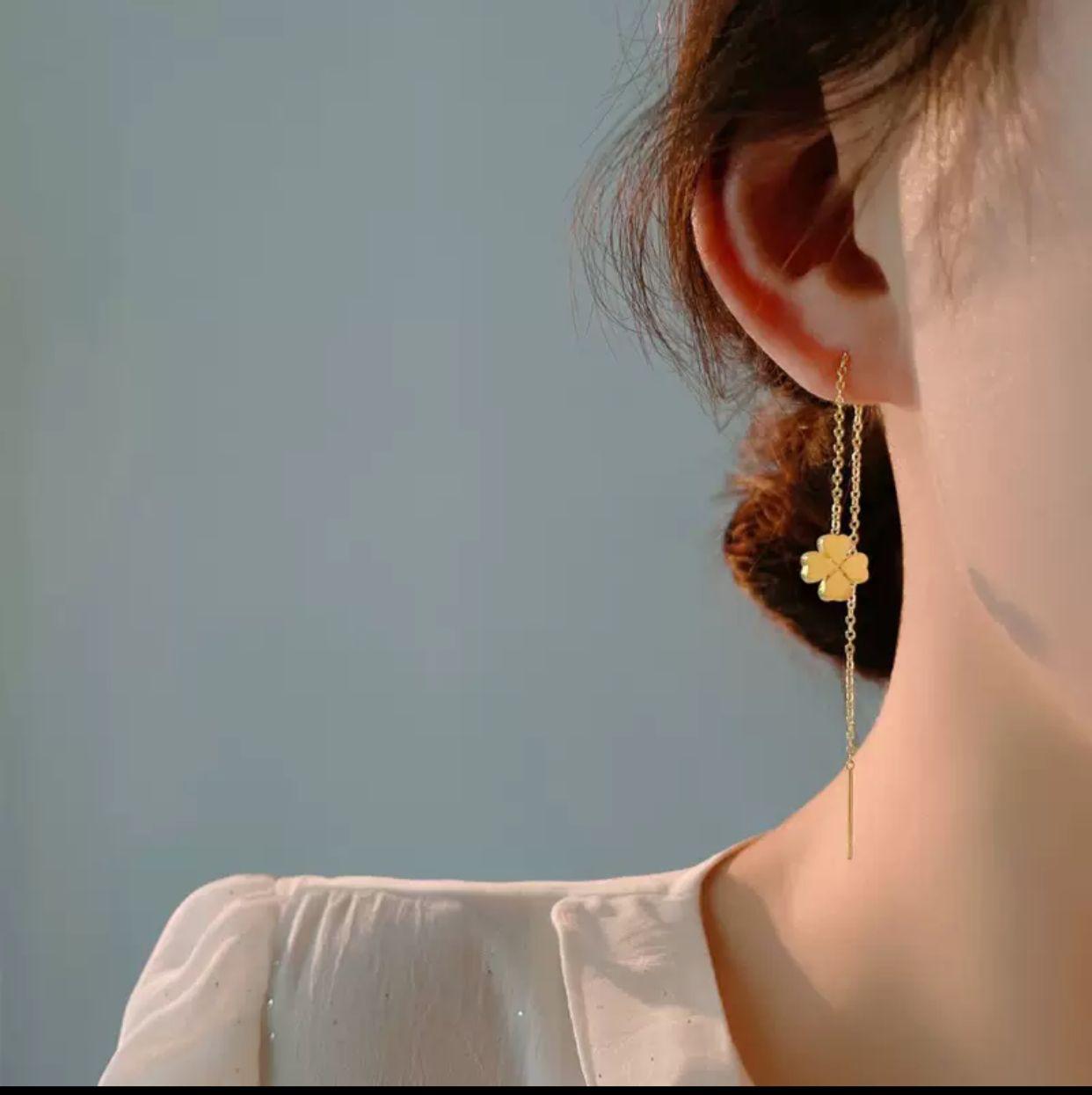 Four Leaf Clover Ear Threader - Earrings, Tarnish-Free Stylish Jewelry by The Leather Jewel, Pakistan