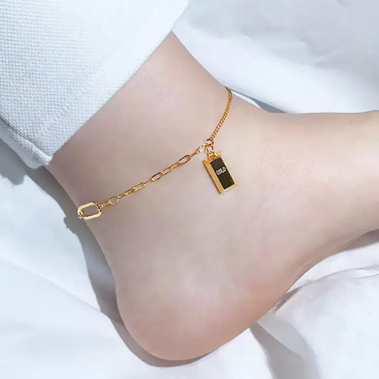 Gold Brick Pendant - Anklet, Elegant Tarnish-Free Jewelry by The Leather Jewel