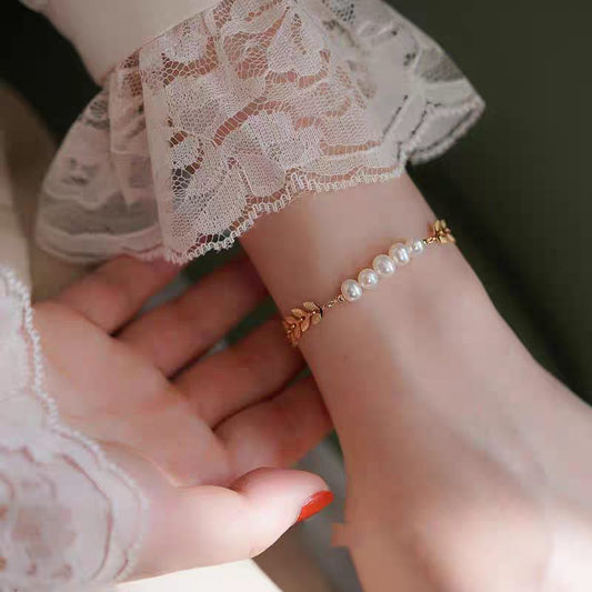 Gold Leaf and Pearl - Bracelet , Stylish Everyday Jewelry by The Leather Jewel