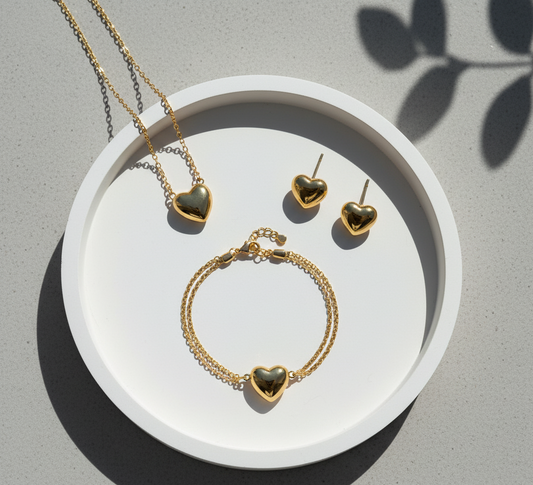 Gold Love Heart - Jewelry Set ,Tarnish-Free Wedding Jewelry by The Leather Jewel, Pakistan