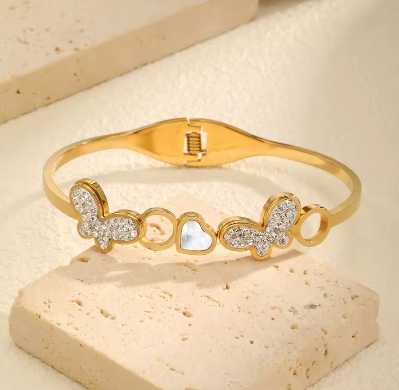 Heart & Butterfly Gold Bangle - Bracelet . Tarnish-Free Jewelry by The Leather Jewel, Pakistan