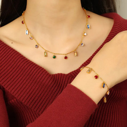 Multi-Color Gemstone Charm - Jewelry Set, Tarnish-Free Jewelry by The Leather Jewel, Pakistan