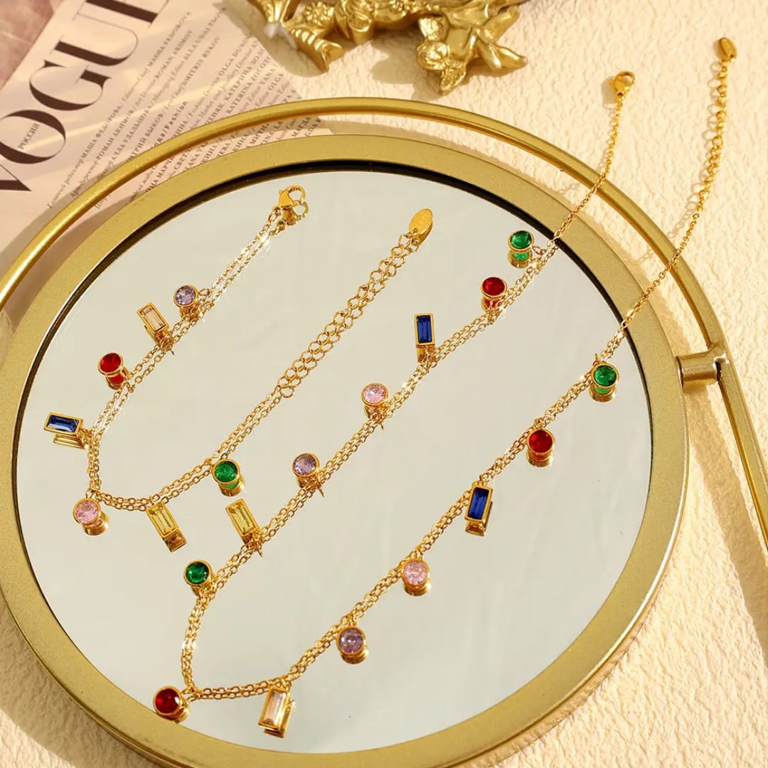 Multi-Color Gemstone Charm - Jewelry Set, Tarnish-Free Jewelry by The Leather Jewel, Pakistan