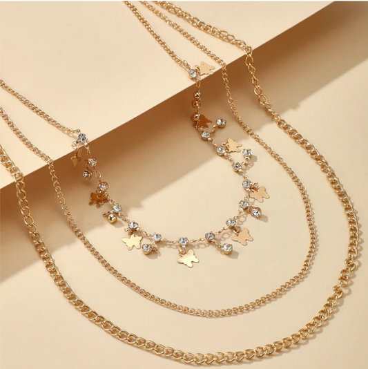 3 Layered Diamond Butterfly - Necklace