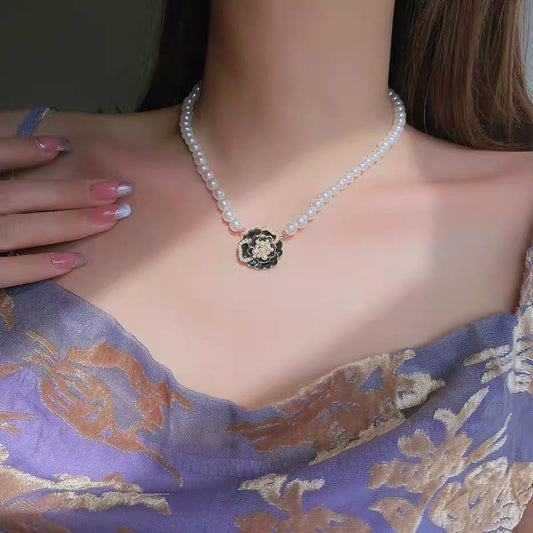 Pearl Beaded Black Flower Pendant - Necklace ,Trendy Tarnish-Free Jewelry by The Leather Jewel