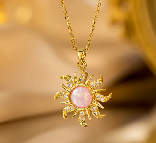 Gold Sun Pink Stone Twist Chain - Necklace