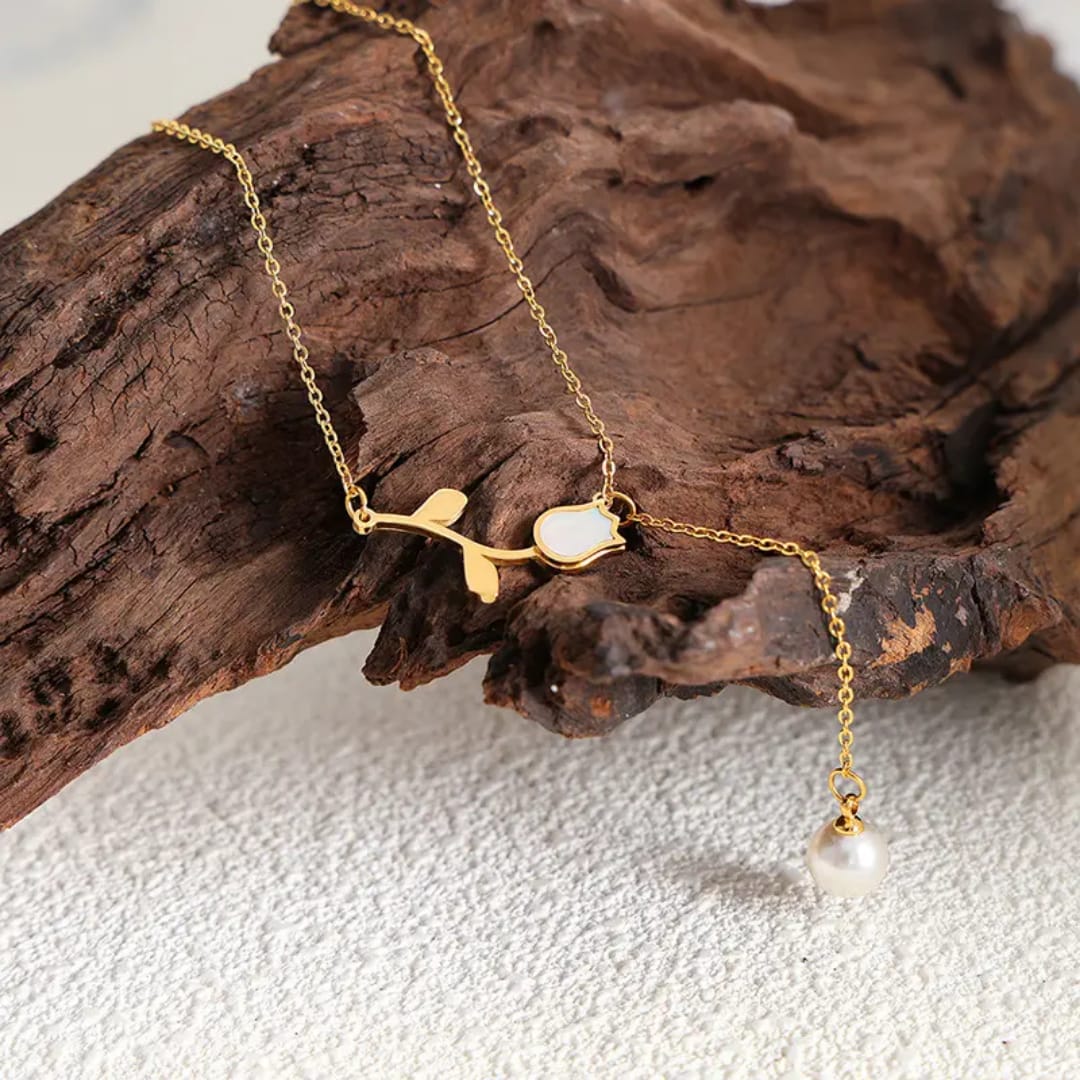 Tulip Pearl Pendant - Necklace, tarnish free jewelry by the leather jewel