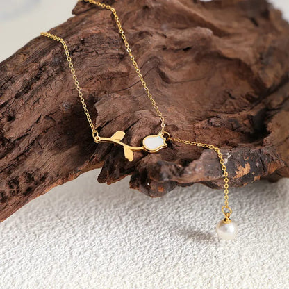 Tulip Pearl Pendant - Necklace, tarnish free jewelry by the leather jewel